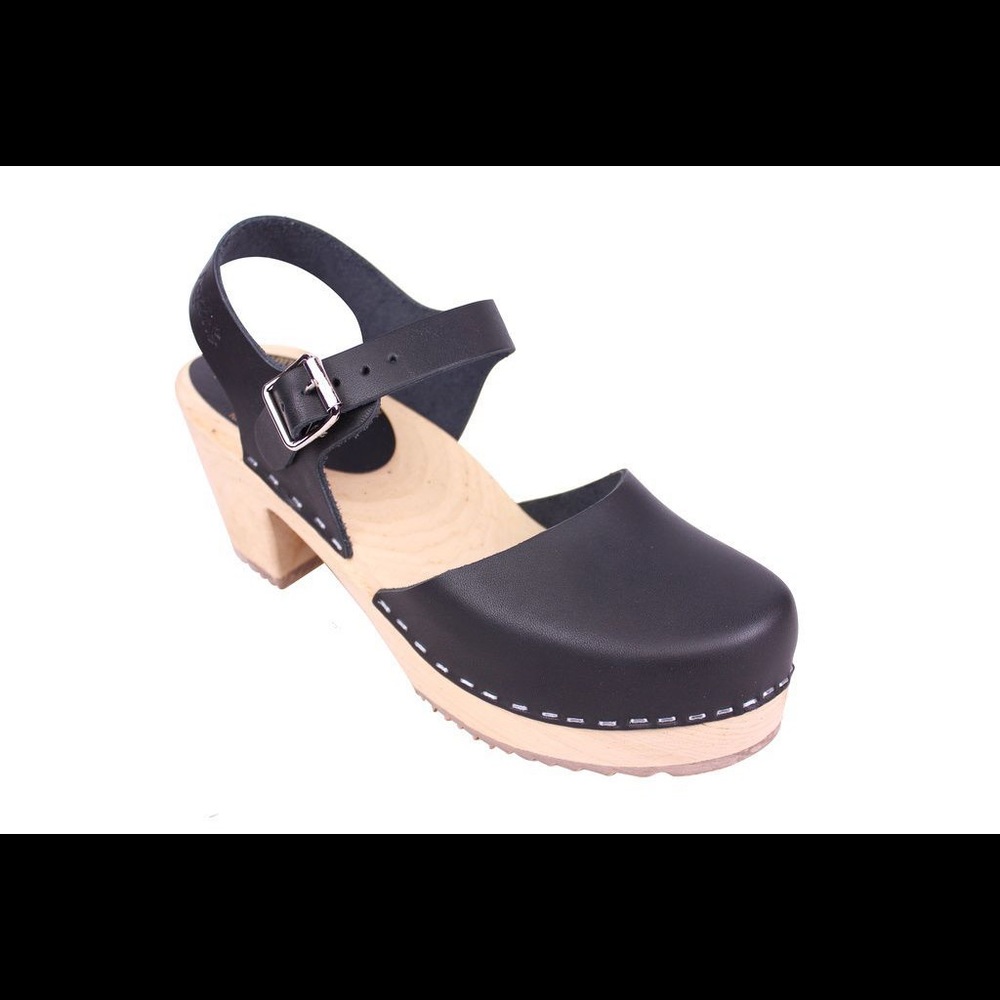 Lotta From Stockholm Highwood Mary Jane Clogs. Black Leather Natural Base